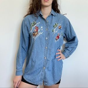 Vintage Stitched Sledding Bears Denim Button Down